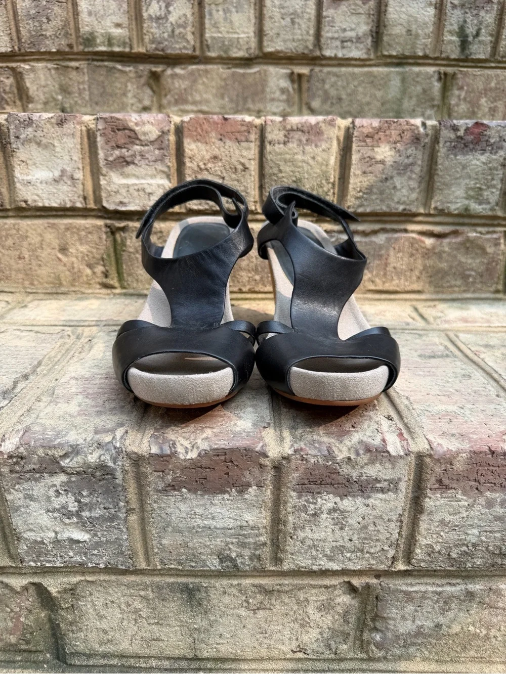 Camper Allegra Black Leather T-Strap Wedge Sandals EU 39